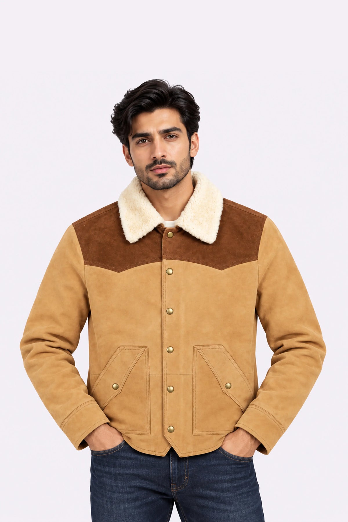 Real Beige Suede Shearling Collar Jacket