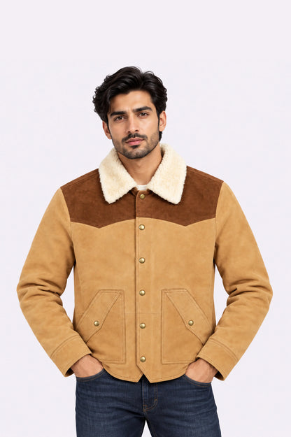 Real Beige Suede Shearling Collar Jacket
