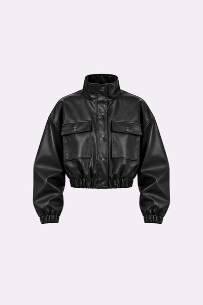 Cropped Faux Leather Bomber Jacket