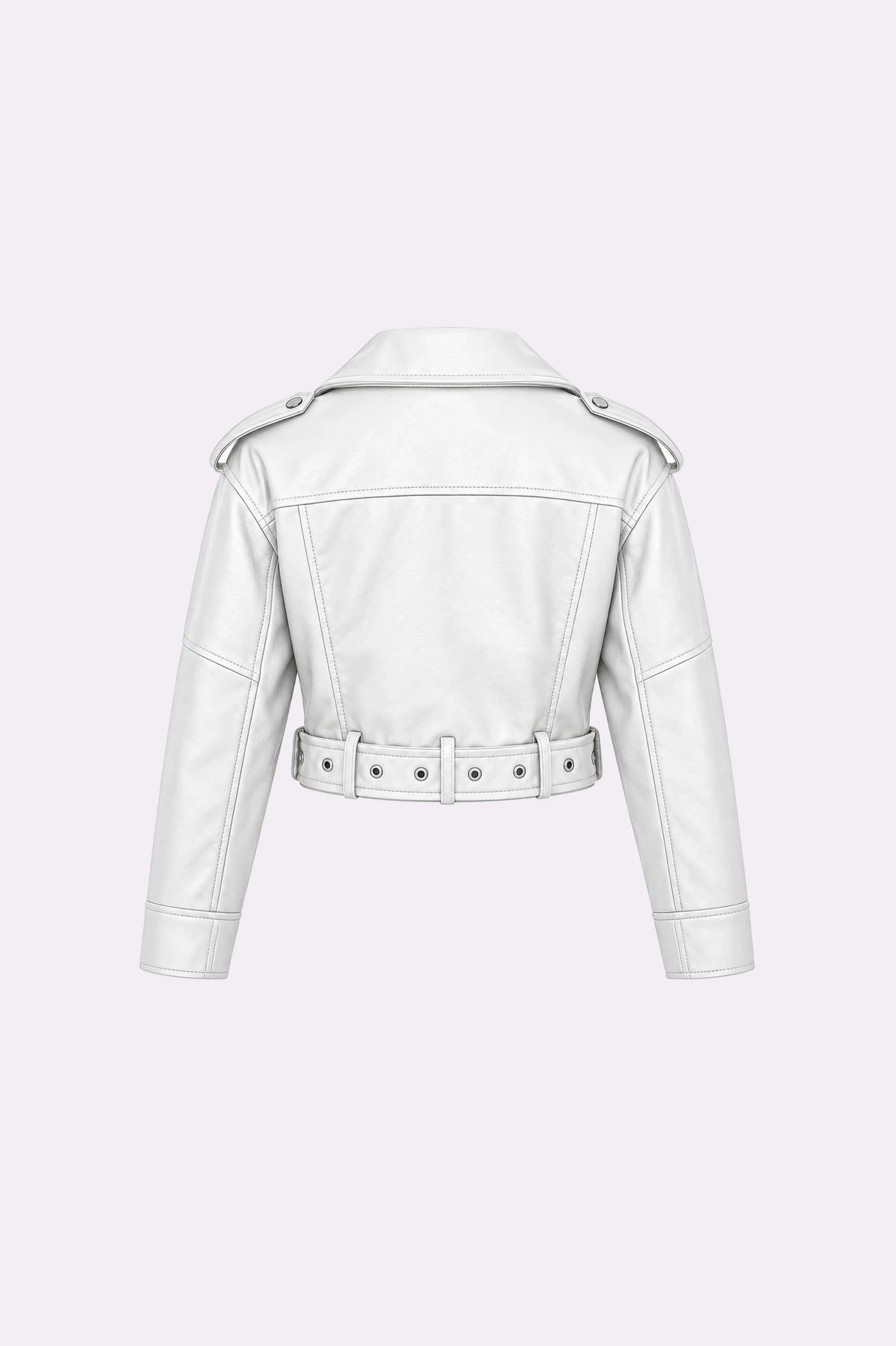 White Belted Zip-Up Biker Jacket