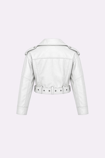 White Belted Zip-Up Biker Jacket