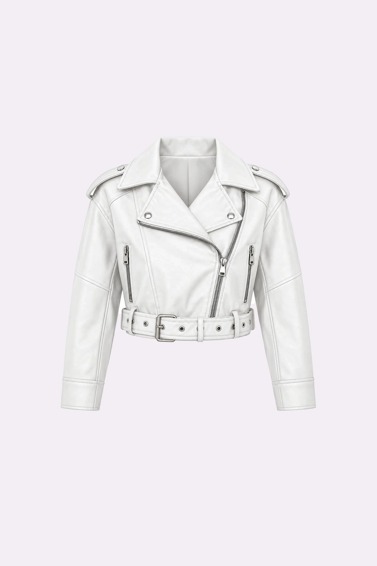 White Belted Zip-Up Biker Jacket