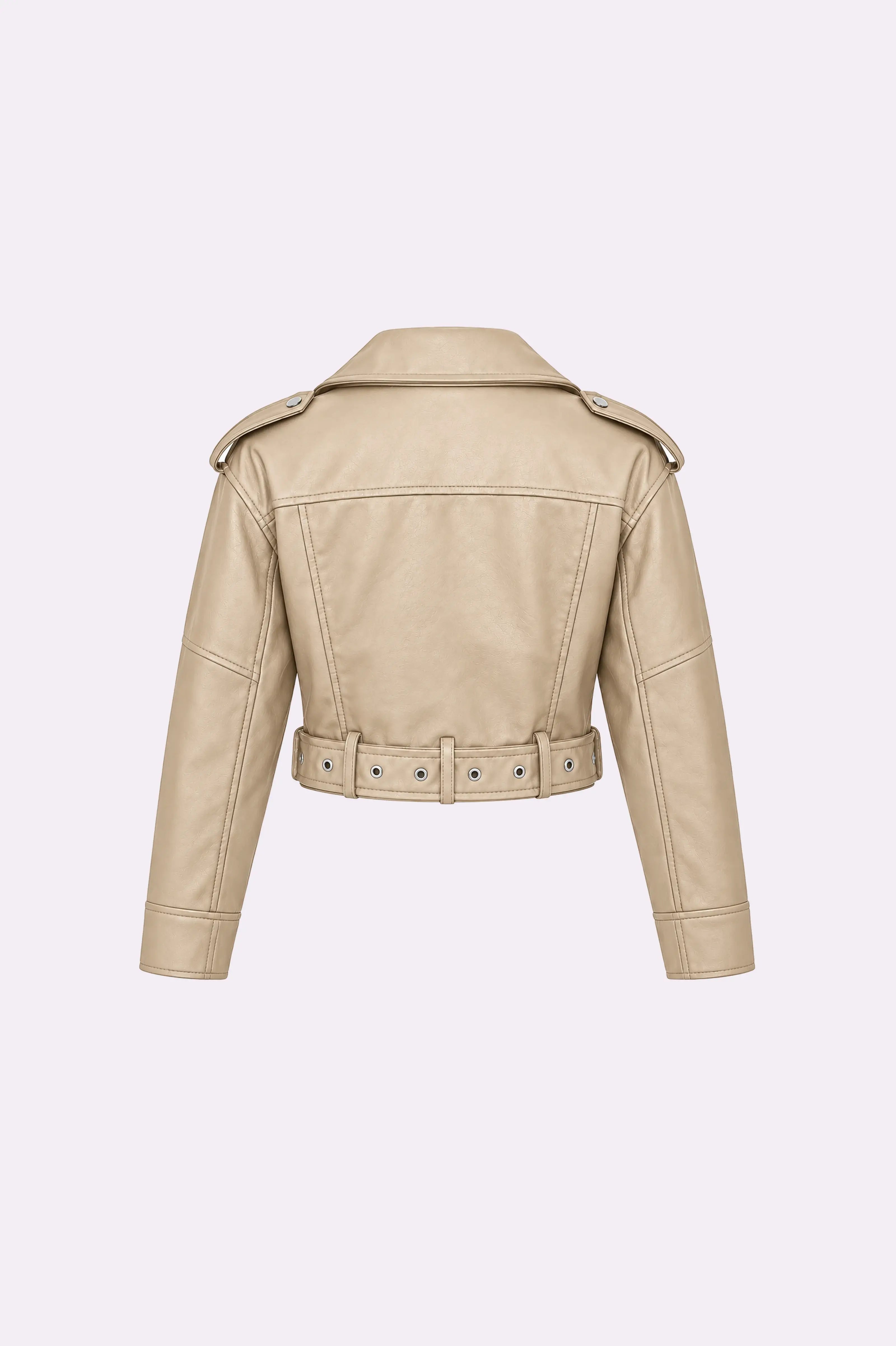 Beige Belted Zip-Up Biker Jacket