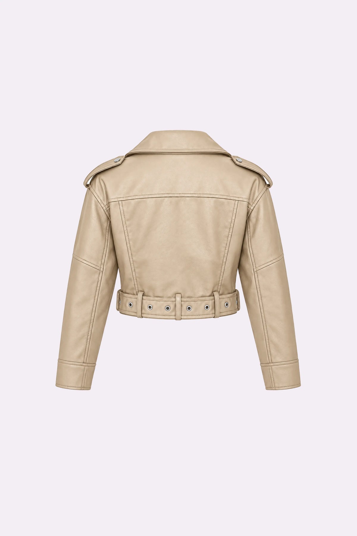 Beige Belted Zip-Up Biker Jacket