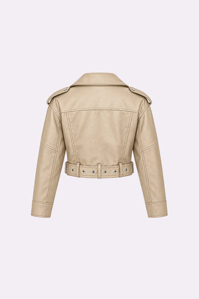 Beige Belted Zip-Up Biker Jacket