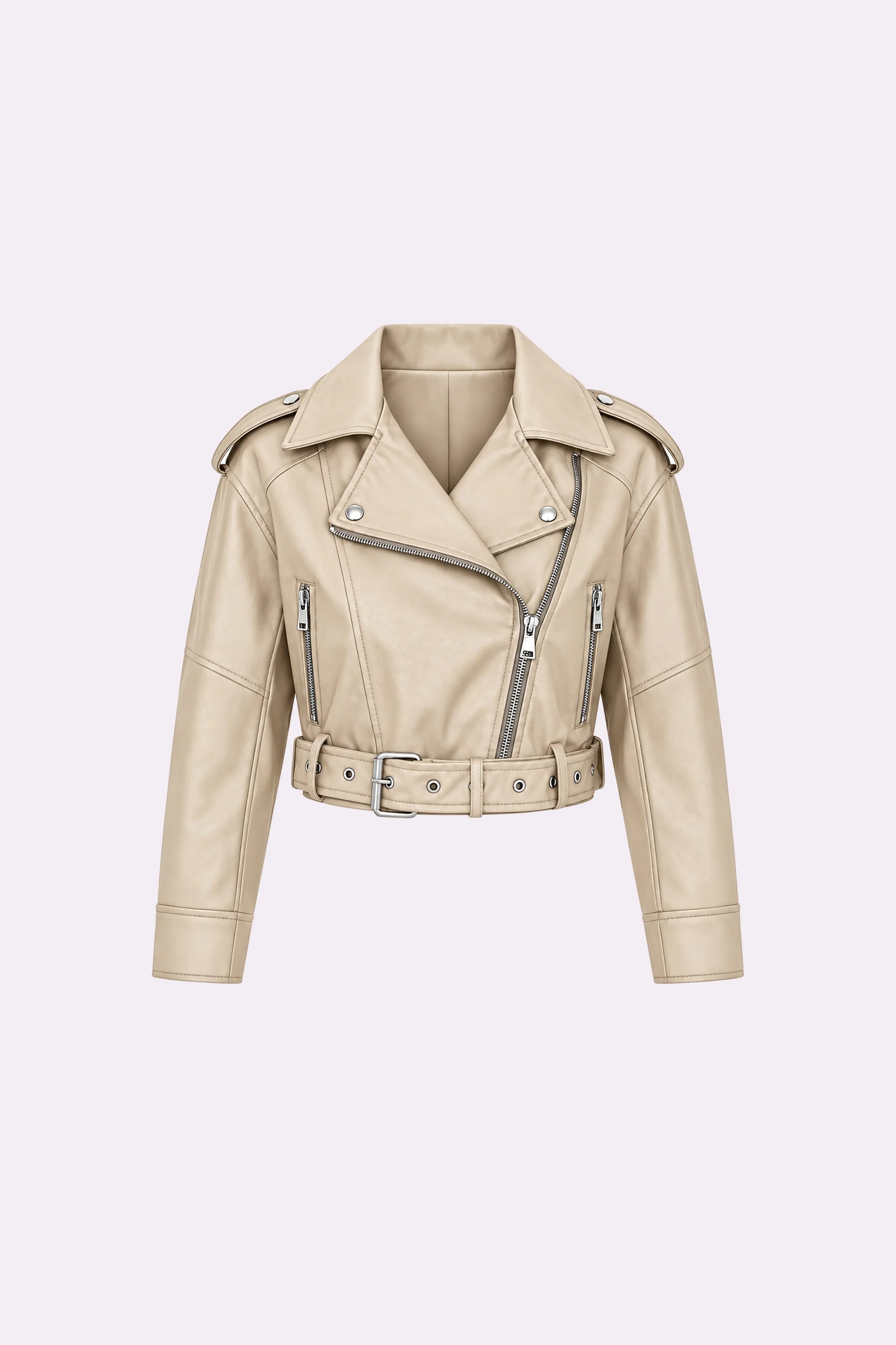Beige Belted Zip-Up Biker Jacket