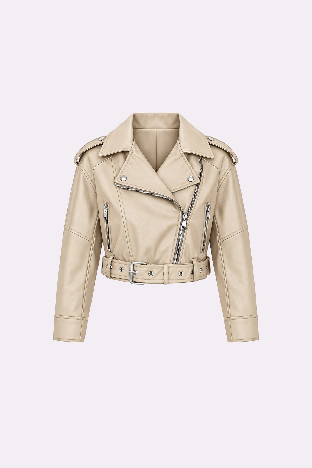 Beige Belted Zip-Up Biker Jacket
