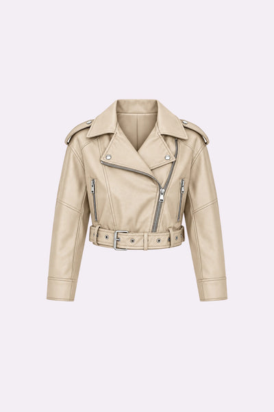 Beige Belted Zip-Up Biker Jacket