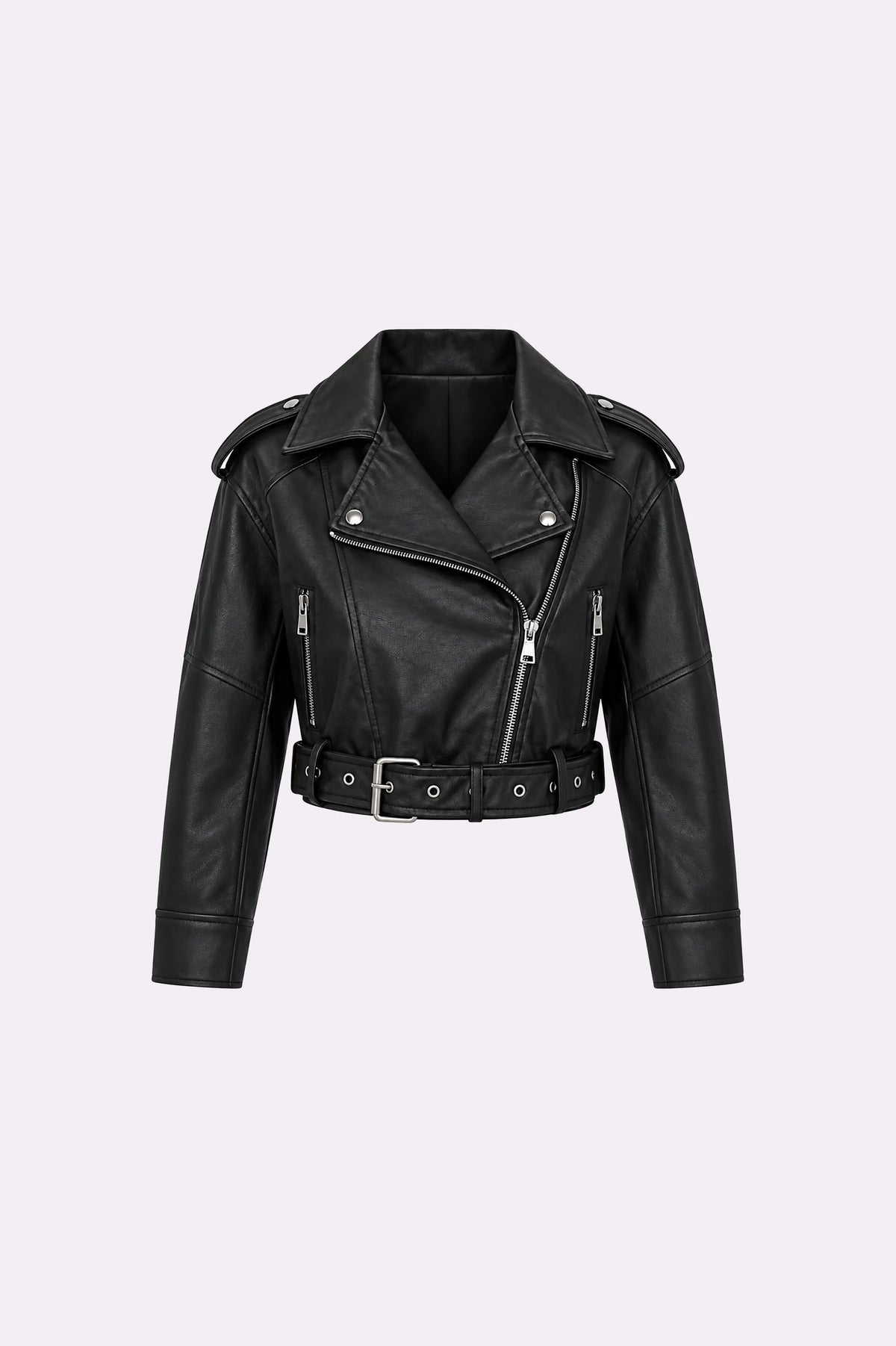 Black Belted Zip-Up Biker Jacket
