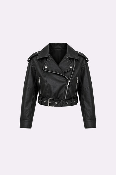 Black Belted Zip-Up Biker Jacket