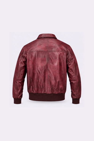 Maroon Leather Bomber Jacket - back view