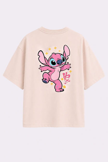 Pink Stitch Oversized Beige T-Shirt