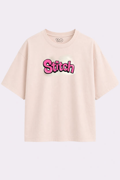Pink Stitch Oversized Beige T-Shirt