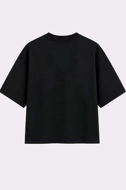 Pink Flower Graphic Oversized Black T-Shirt