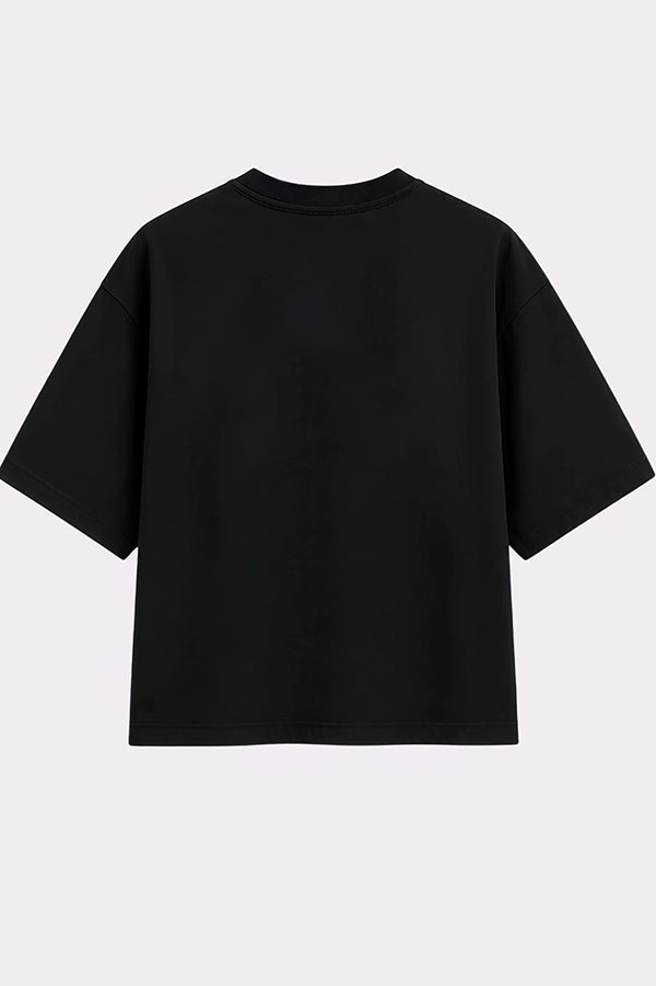 Pink Flower Graphic Oversized Black T-Shirt