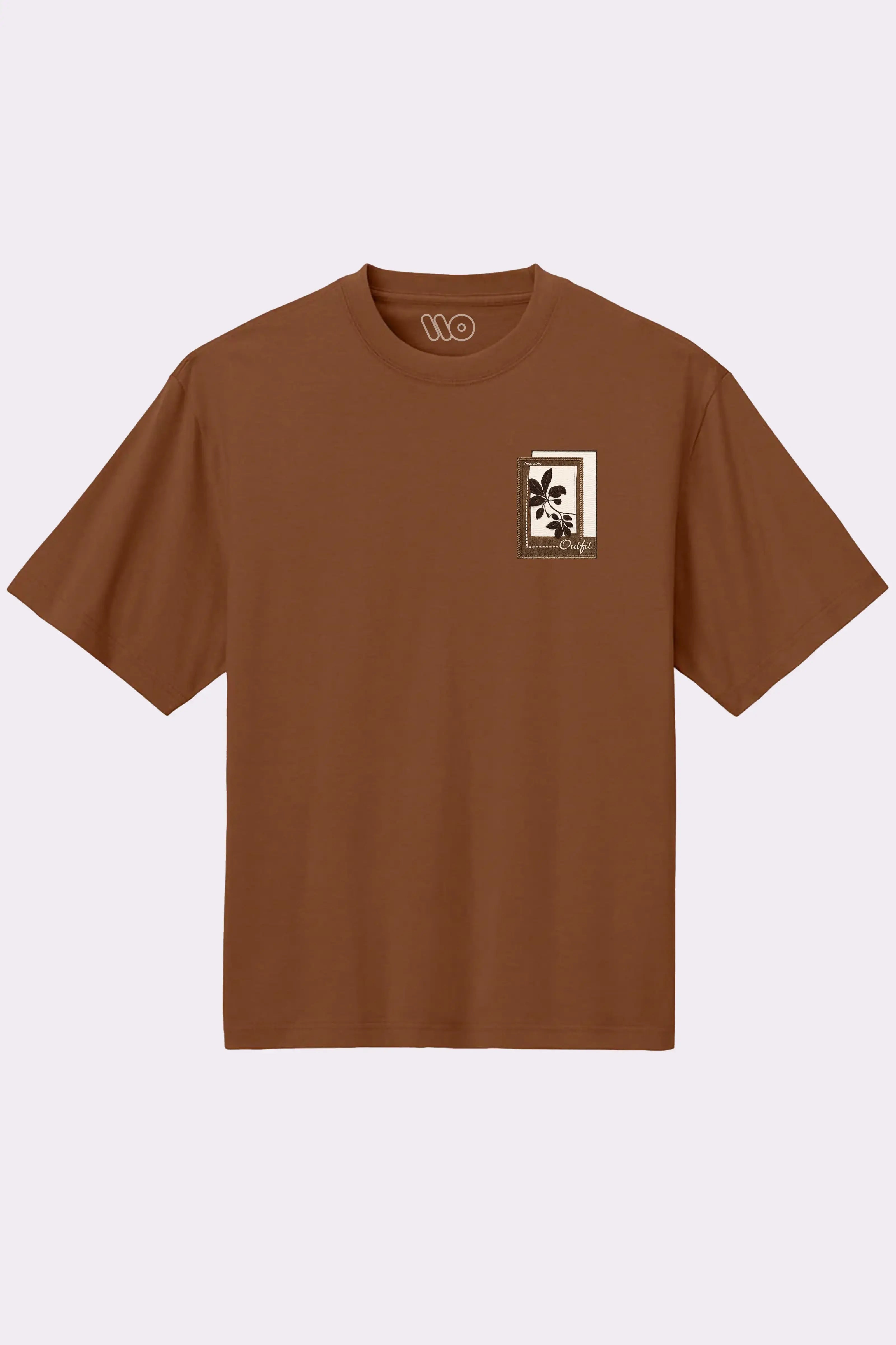 Brown Floral Artwork Embroidered T-Shirt
