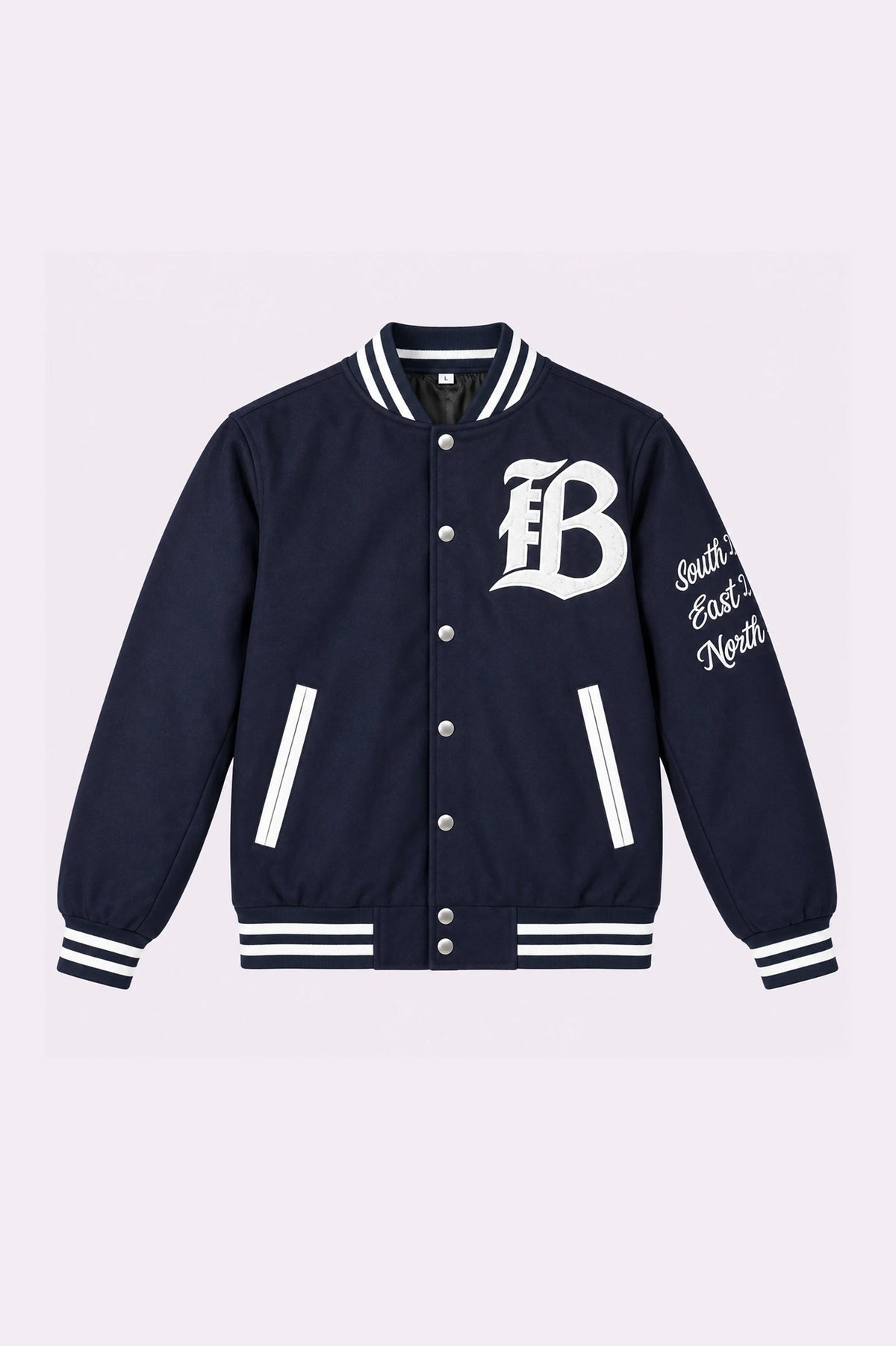 Navy Blue Letterman Jacket - front view
