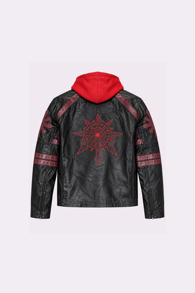 Black Leather Red Hooded Jacket