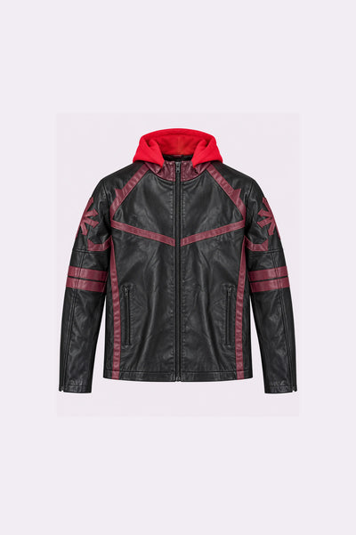 Black Leather Red Hooded Jacket